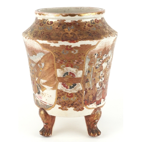 53 - A large Japanese Satsuma earthenware vase raised on three paw feet, finely hand painted with figures... 