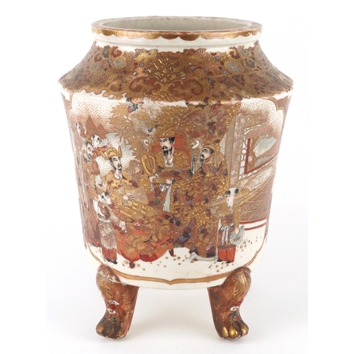 53 - A large Japanese Satsuma earthenware vase raised on three paw feet, finely hand painted with figures... 
