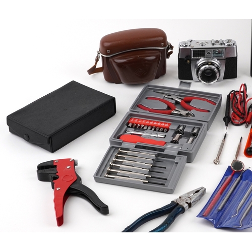 Sundry items including a brown leather camera case, an Agfa camera ...