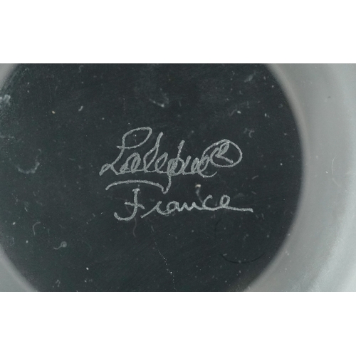 4 - Lalique, a pair of frosted glass bar tumblers, each etched Lalique France to the base, 10cm high.