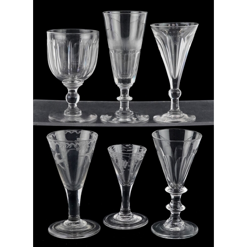 97 - Six 18th/19th century wine glasses, two with acid etched decoration, the largest 14cm high.