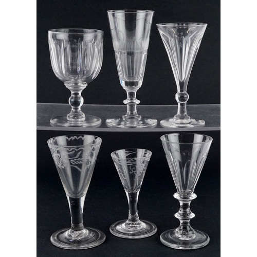 97 - Six 18th/19th century wine glasses, two with acid etched decoration, the largest 14cm high.