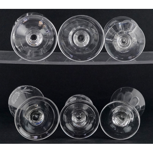 97 - Six 18th/19th century wine glasses, two with acid etched decoration, the largest 14cm high.