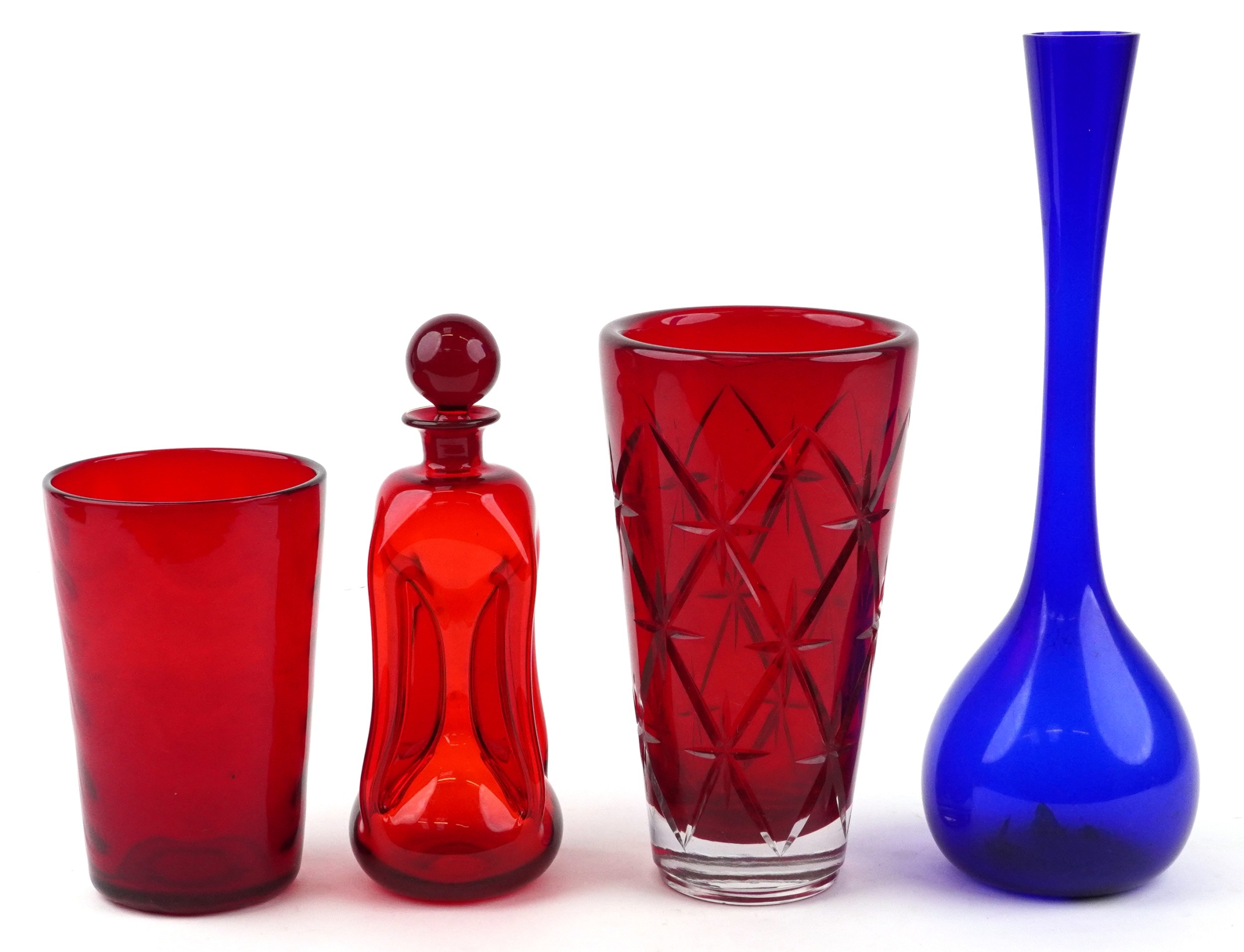 Art glassware including a Whitefriars ruby glass vase and a red hour ...