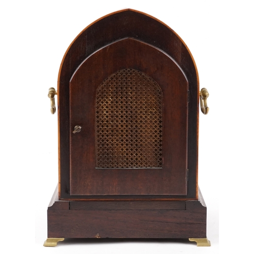 49 - An Edwardian inlaid mahogany dome top mantle clock having gilt dial and silvered chapter ring with R... 