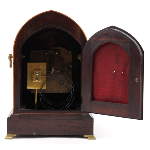 49 - An Edwardian inlaid mahogany dome top mantle clock having gilt dial and silvered chapter ring with R... 
