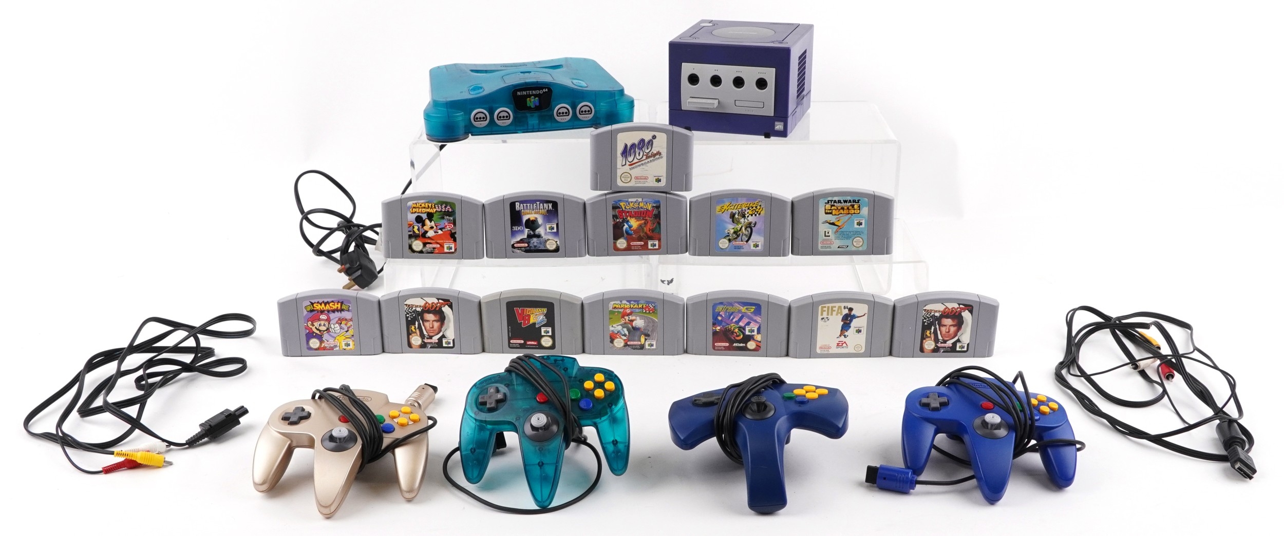 A vintage Nintendo 64 games console with controllers and games ...