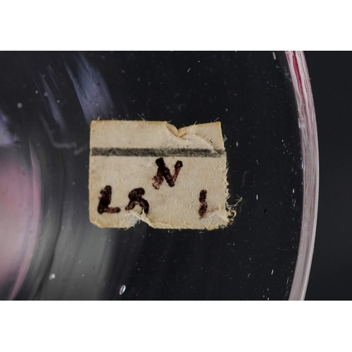 93 - An 18th century wine glass with red and white air twist stem and etched floral decoration, 13cm high... 