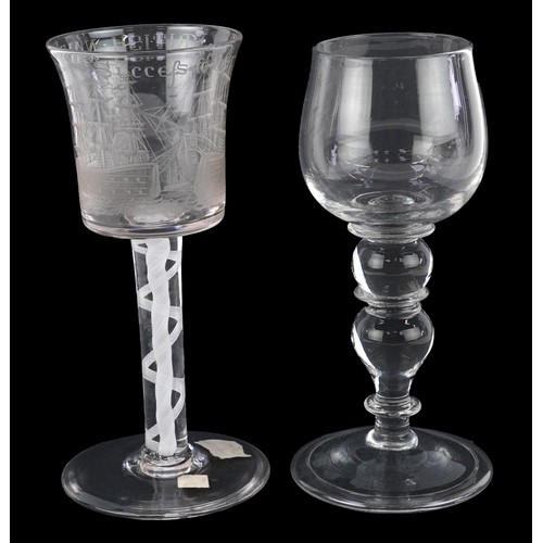 94 - Two 19th century wine glasses, one inscribed 'Success to the British Navy', having an air twist stem... 