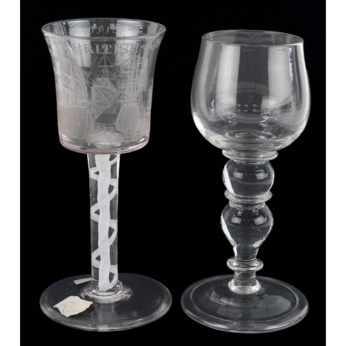94 - Two 19th century wine glasses, one inscribed 'Success to the British Navy', having an air twist stem... 
