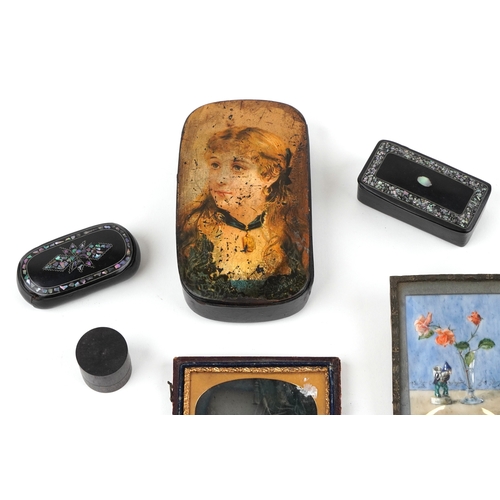 46 - Antique and later sundry items including a Victorian daguerreotype, papier mâché snuff boxes with ab... 