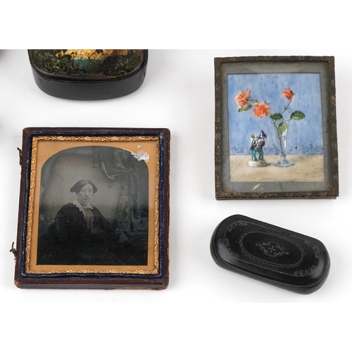 46 - Antique and later sundry items including a Victorian daguerreotype, papier mâché snuff boxes with ab... 