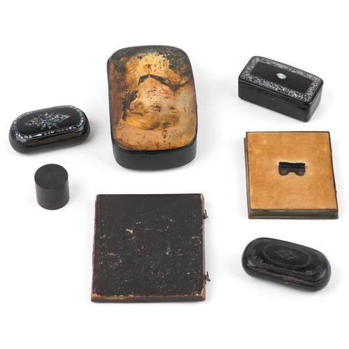 46 - Antique and later sundry items including a Victorian daguerreotype, papier mâché snuff boxes with ab... 