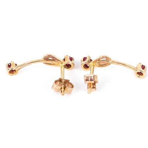 A pair of unmarked gold pink spinel drop earrings, 1.5cm high, total 0.7g.