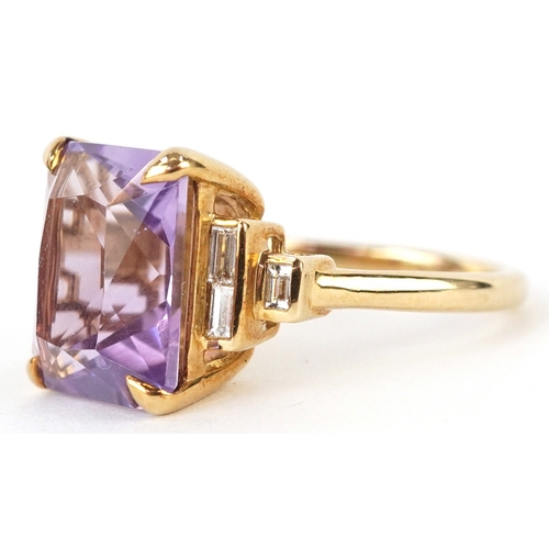 A 9K gold rectangular cut amethyst ring with baguette cut diamond ...
