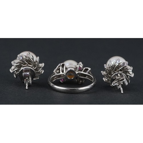  A 14K white gold cultured pearl and ruby ring with leaf design shoulders, size L, together with a pa... 