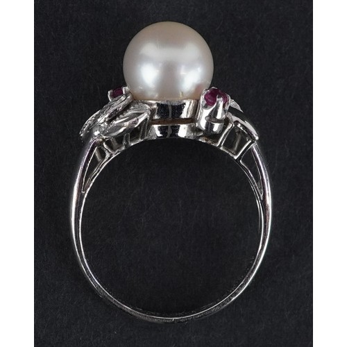  A 14K white gold cultured pearl and ruby ring with leaf design shoulders, size L, together with a pa... 