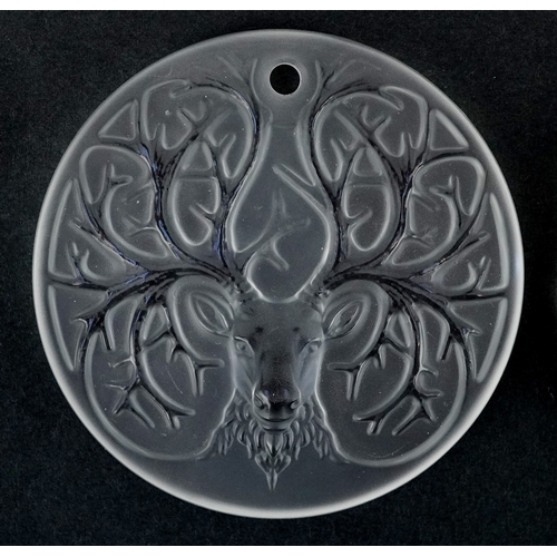 5 - Lalique France, three crystal Christmas tree decorations comprising two reindeer and opalescent mist... 