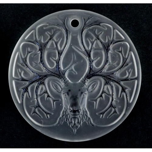 5 - Lalique France, three crystal Christmas tree decorations comprising two reindeer and opalescent mist... 