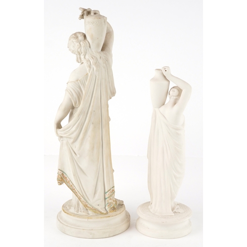 27 - Two WH Goss Parian maidens carrying urns, one with turquoise and gilded decoration, the largest 33cm... 