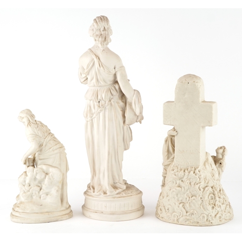 26 - Three Parian figures comprising two maidens and a Rock of Ages figure group, the largest 41cm high.