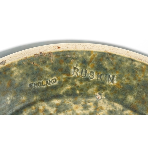 13 - Ruskin, an Arts & Crafts pottery fruit bowl having a green and blue mottled glaze, impressed marks t... 