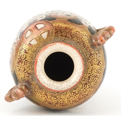 55 - A Japanese Satsuma earthenware miniature vase finely hand painted with figures, having twin dragon h... 