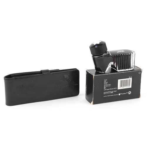 111 - Montblanc, a three section leather pen case and a bottle of Montblanc black ink with box, the case 1... 