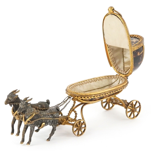 35 - A 19th century French gilt brass and tortoiseshell trinket in the form of two goats pulling a cart, ... 