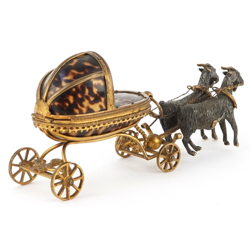 35 - A 19th century French gilt brass and tortoiseshell trinket in the form of two goats pulling a cart, ... 