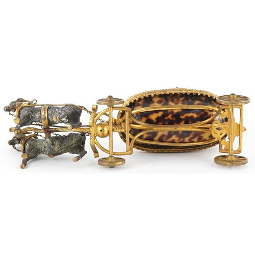 35 - A 19th century French gilt brass and tortoiseshell trinket in the form of two goats pulling a cart, ... 