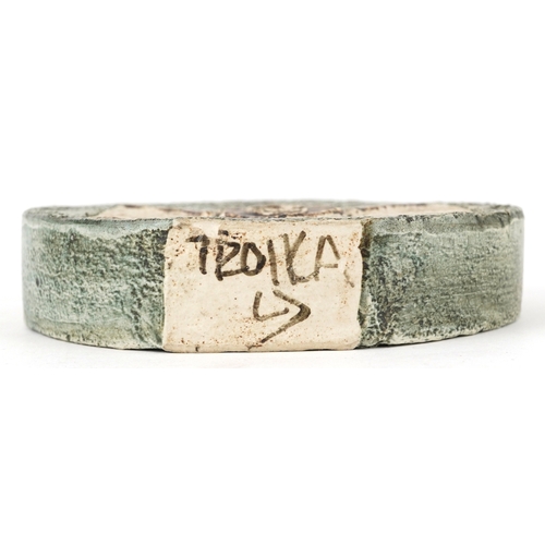 12 - Troika St. Ives, a pottery wheel vase hand painted and incised with an abstract design, 11.5cm high.