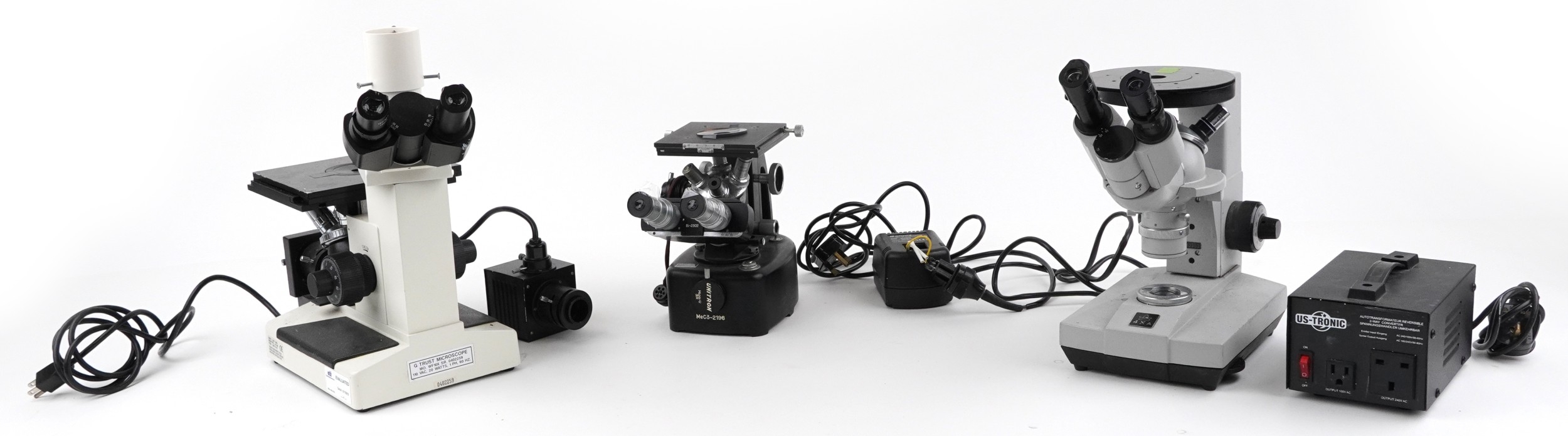 Three vintage electronic microscopes including Unitron MEC3-2196, the ...