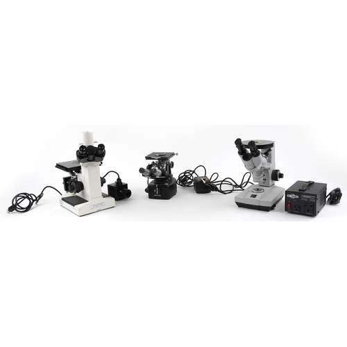 Three vintage electronic microscopes including Unitron MEC3-2196, the ...