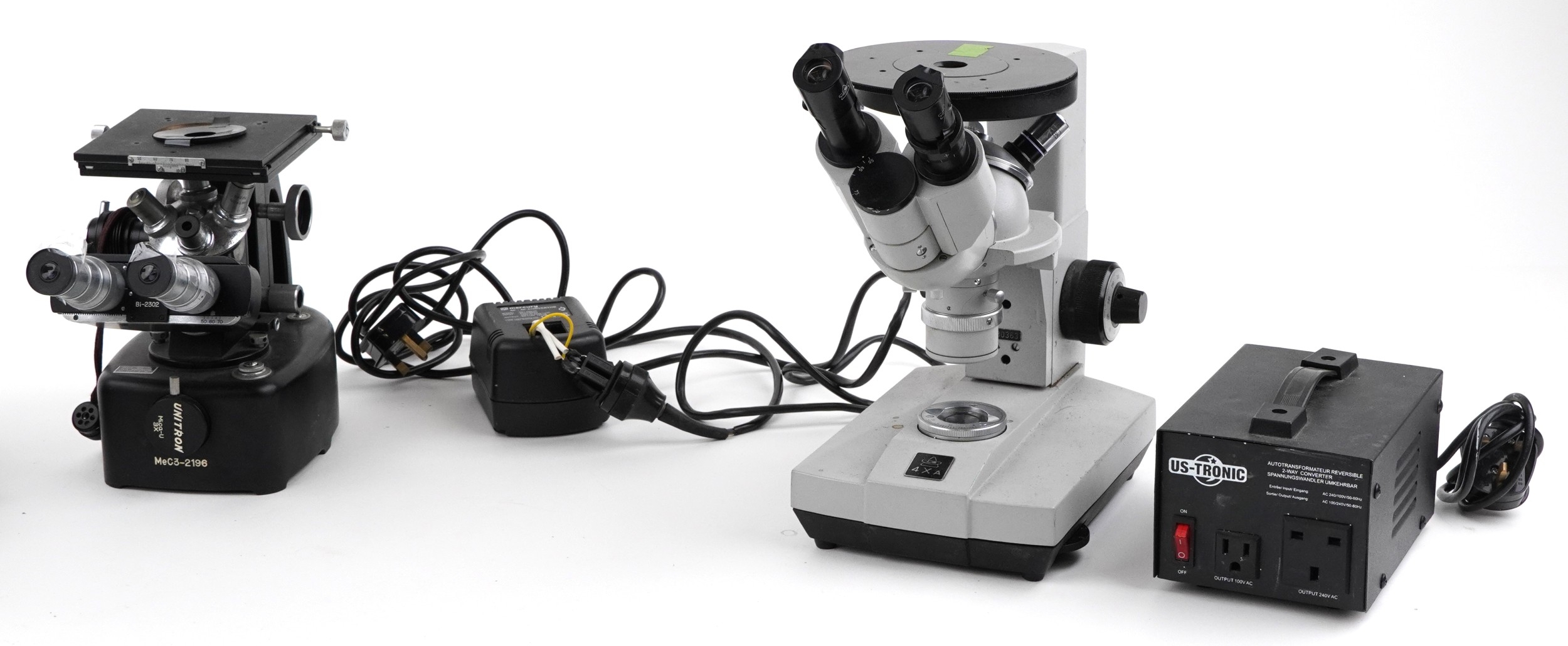 Three vintage electronic microscopes including Unitron MEC3-2196, the ...