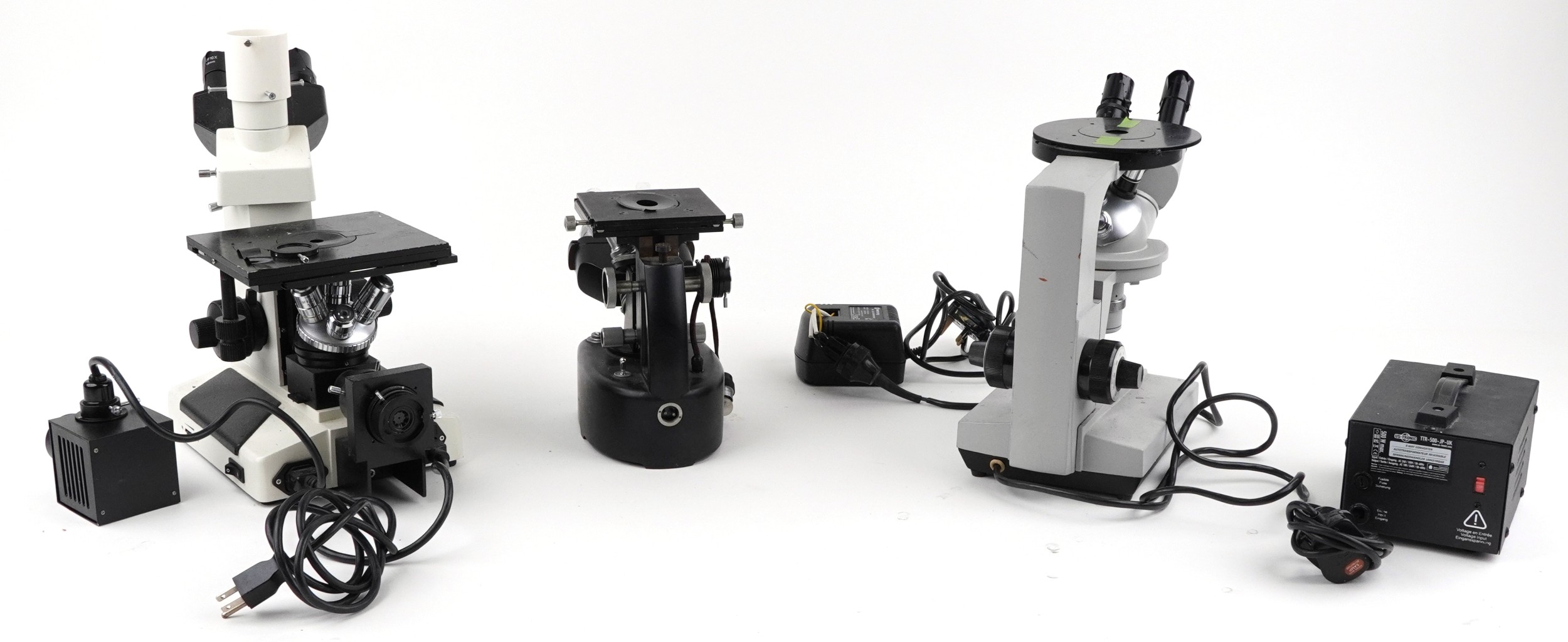 Three vintage electronic microscopes including Unitron MEC3-2196, the ...