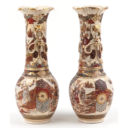 59 - A pair of Japanese Satsuma porcelain fluted vases hand painted with warriors and emperors, character... 