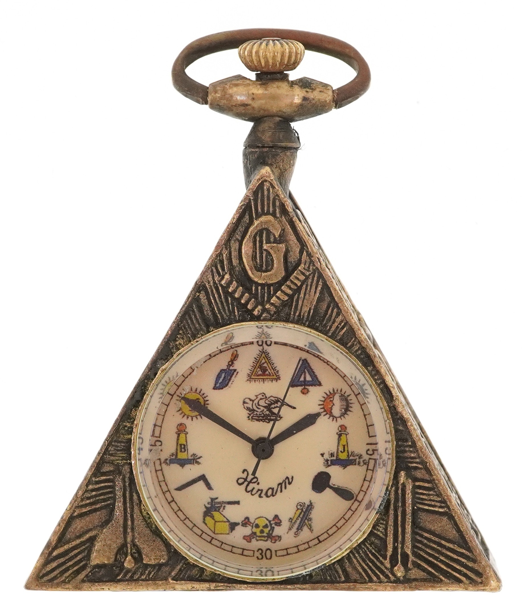 A masonic interest gilt metal triangular pocket watch, 6cm high.