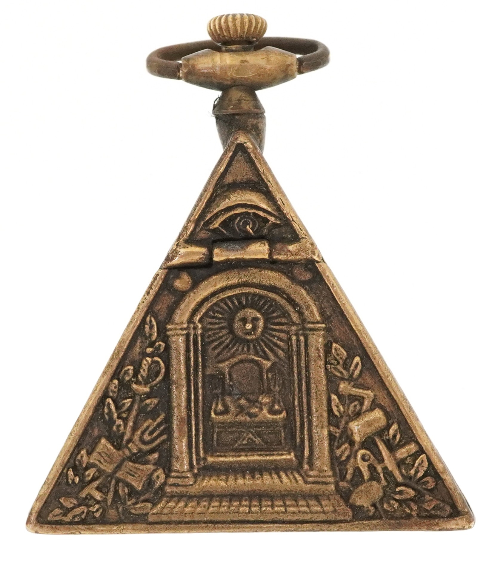 A masonic interest gilt metal triangular pocket watch, 6cm high.