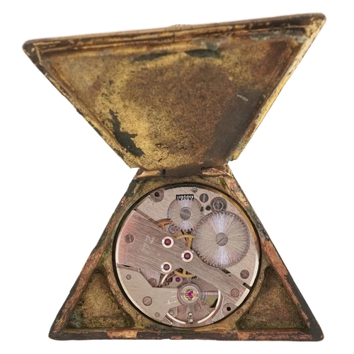 A masonic interest gilt metal triangular pocket watch, 6cm high.