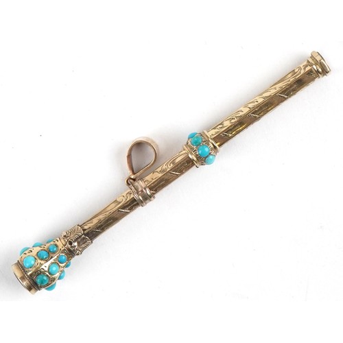 105 - An antique unmarked gold cased propelling toothpick set with turquoise cabochons and amethyst togeth... 