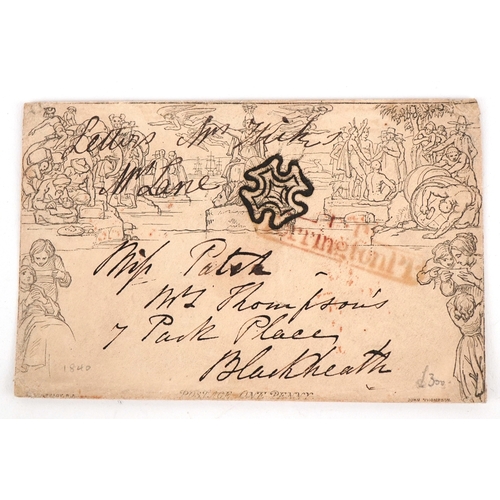 A Queen Victoria 1840 one penny Mulready envelope with black MX cancellation, the reverse with red receiving stamps September 10th 1840 and a red wax seal, addressed to Mrs. Thompson, 7 Park Place, Blackheath.