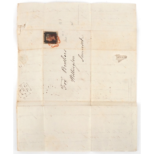 An early Victorian Penny Black letter cover with red MX, date stamp for ...