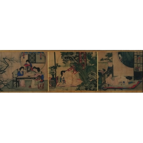 Three Chinese panels depicting erotic scenes, each framed and glazed ...