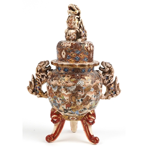 60 - A large Japanese Satsuma earthenware koro, hand painted with children, having Foo dog handles and kn... 