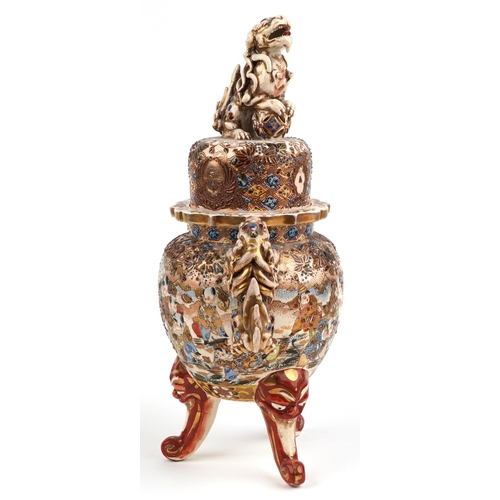 60 - A large Japanese Satsuma earthenware koro, hand painted with children, having Foo dog handles and kn... 
