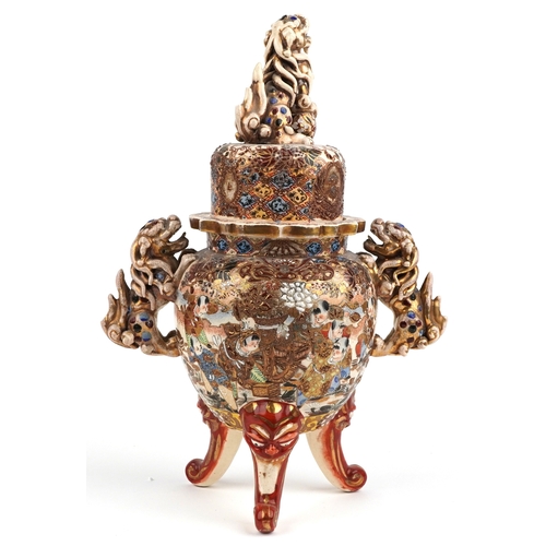 60 - A large Japanese Satsuma earthenware koro, hand painted with children, having Foo dog handles and kn... 