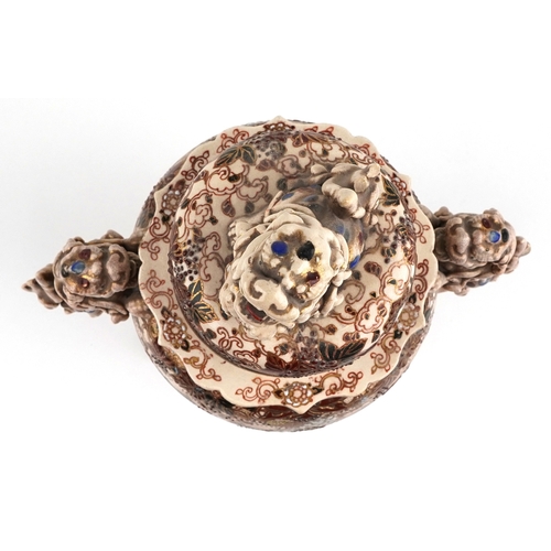 60 - A large Japanese Satsuma earthenware koro, hand painted with children, having Foo dog handles and kn... 