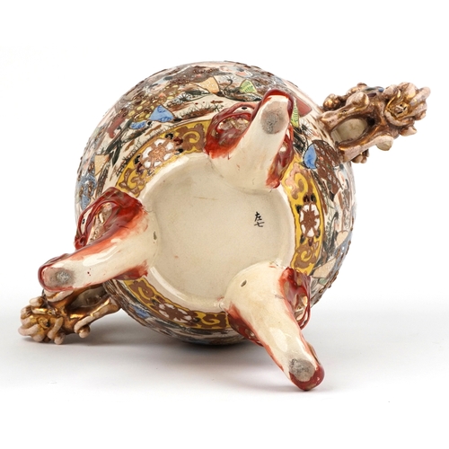 60 - A large Japanese Satsuma earthenware koro, hand painted with children, having Foo dog handles and kn... 