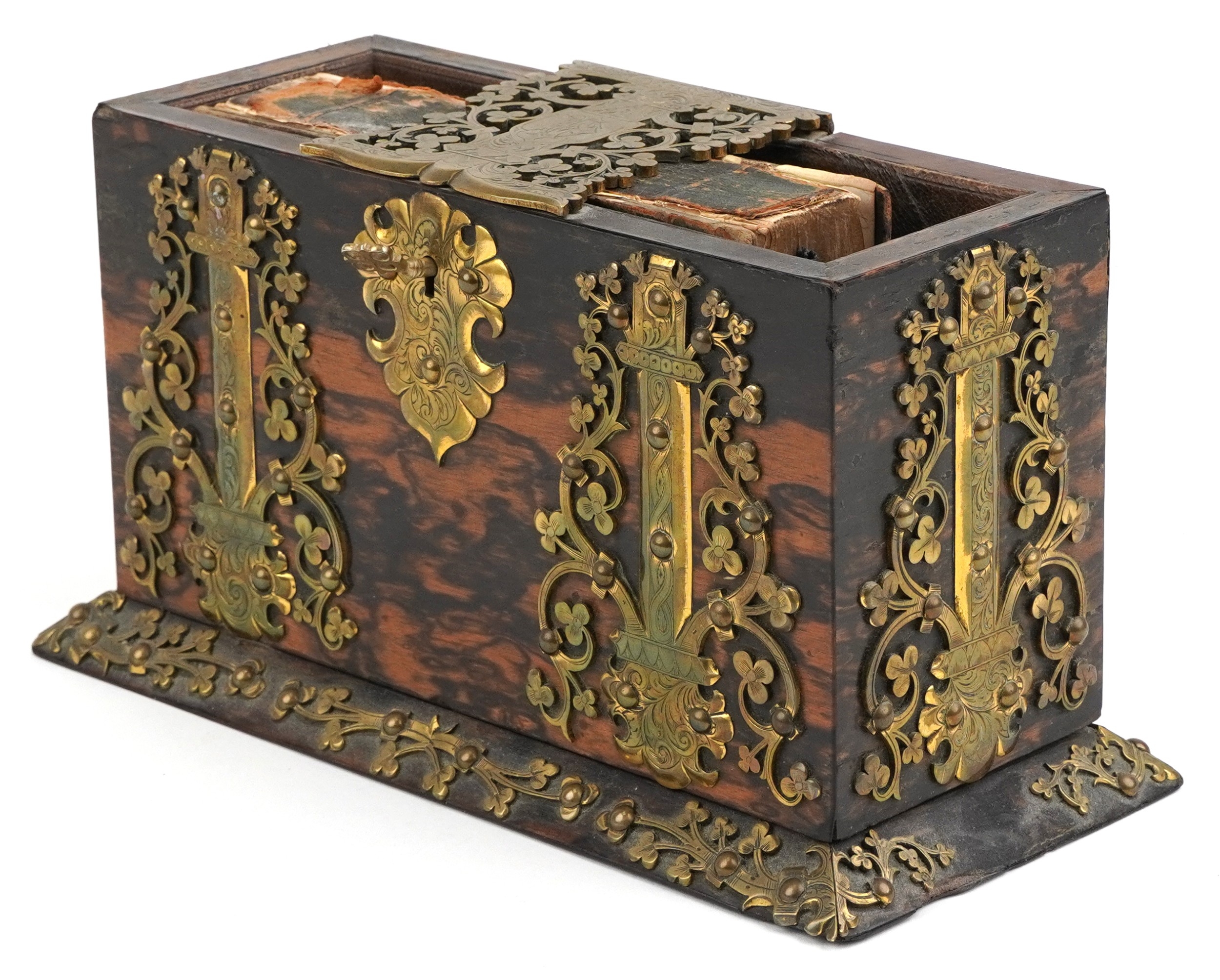 An ecclesiastical brass mounted bible box with sprung loaded base, 24cm ...
